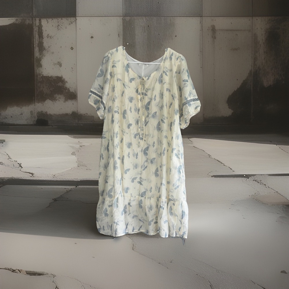 Kindred Size-2XL Dress White Blue Butterfly Knee Length Ruffle